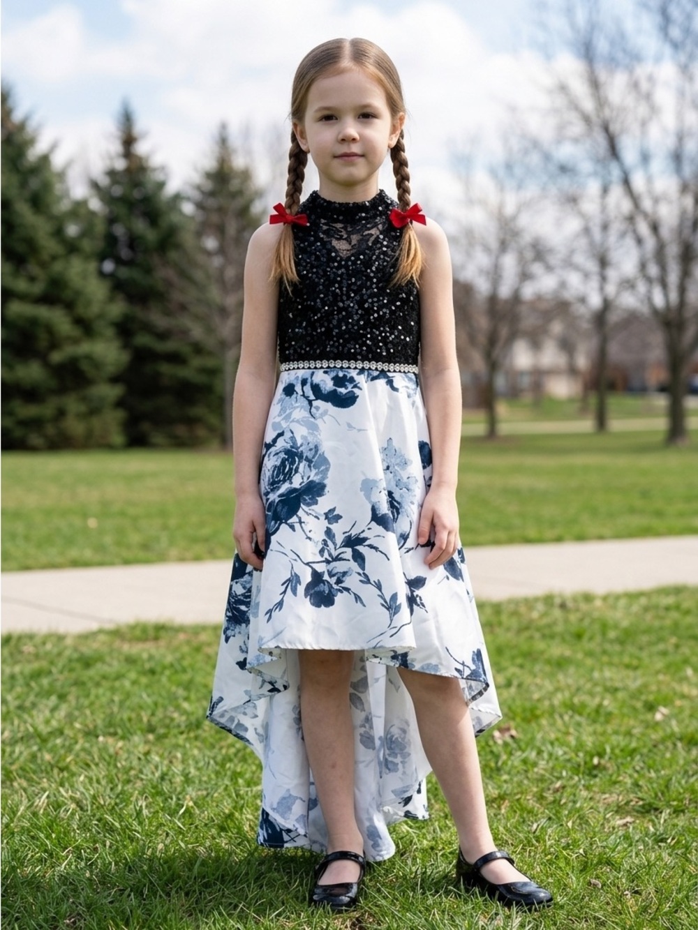 Speechless Black Sequin Bodice with Navy and White Floral High-Low Skirt